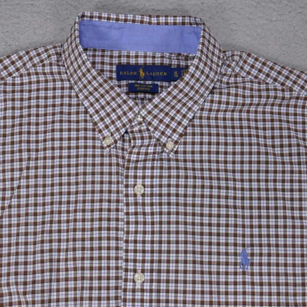 Polo ralph Lauren Shirt Mens XL Brown Blue Plaid Button Down Long Sleeve